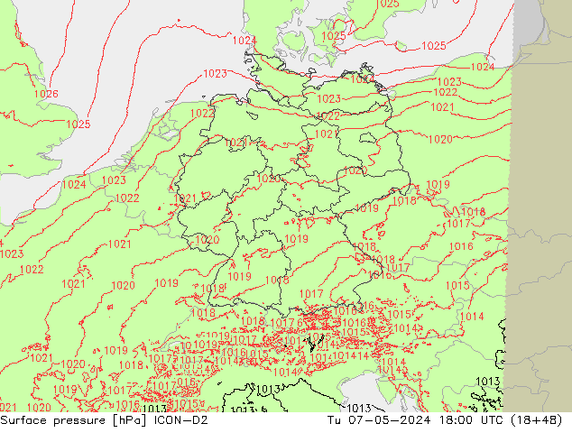 приземное давление ICON-D2 вт 07.05.2024 18 UTC