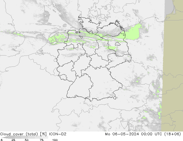 Cloud cover (total) ICON-D2 Mo 06.05.2024 00 UTC