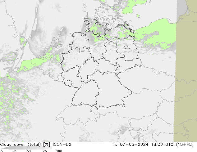 Cloud cover (total) ICON-D2 Tu 07.05.2024 18 UTC