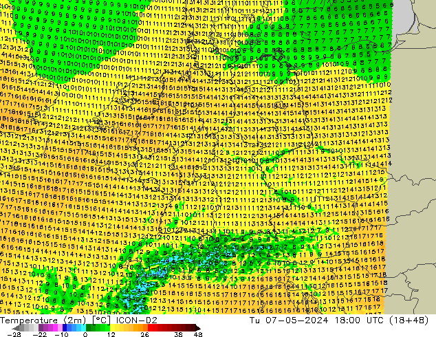 Temperaturkarte (2m) ICON-D2 Di 07.05.2024 18 UTC