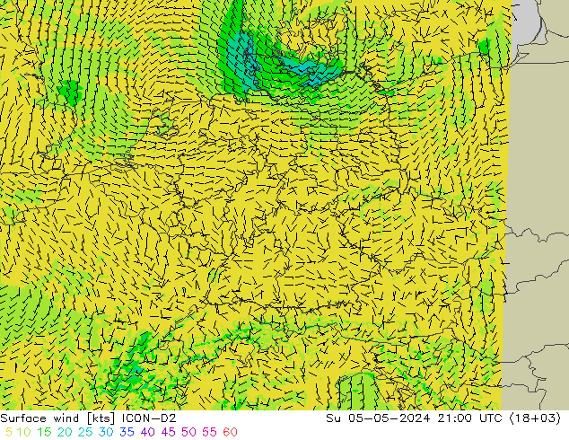 Viento 10 m ICON-D2 dom 05.05.2024 21 UTC