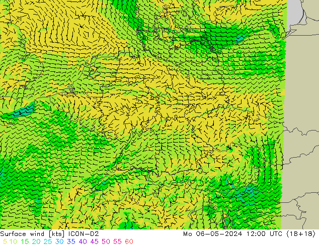 Surface wind ICON-D2 Mo 06.05.2024 12 UTC