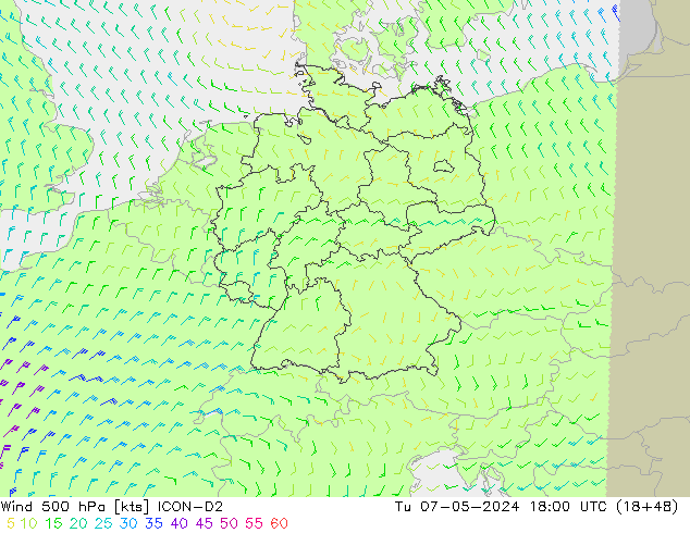 Vento 500 hPa ICON-D2 Ter 07.05.2024 18 UTC