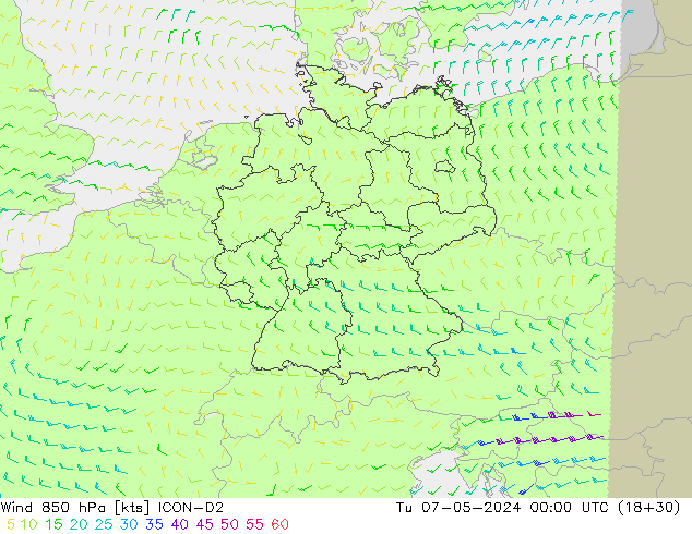 Viento 850 hPa ICON-D2 mar 07.05.2024 00 UTC