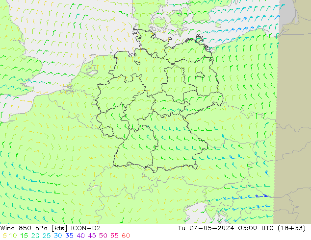 Wind 850 hPa ICON-D2 Út 07.05.2024 03 UTC