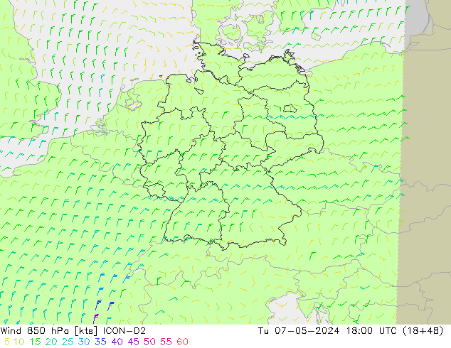 Wind 850 hPa ICON-D2 Di 07.05.2024 18 UTC