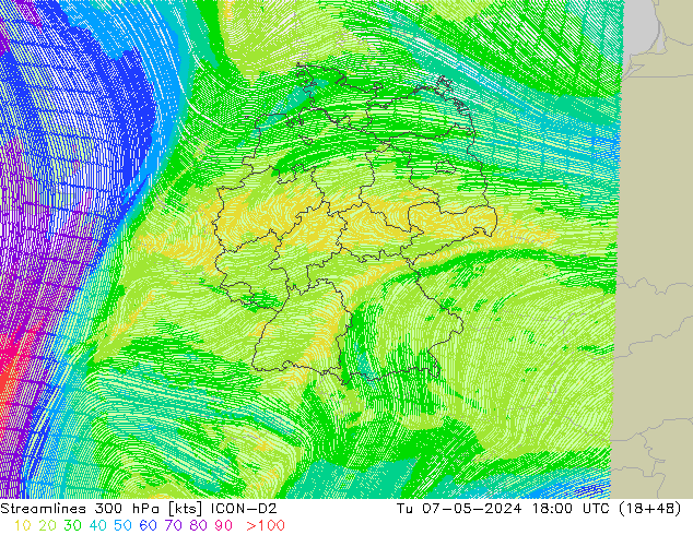 Streamlines 300 hPa ICON-D2 Tu 07.05.2024 18 UTC