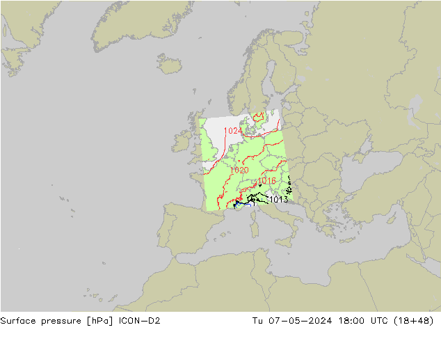 Presión superficial ICON-D2 mar 07.05.2024 18 UTC