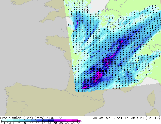 Précipitation (12h) ICON-D2 lun 06.05.2024 06 UTC