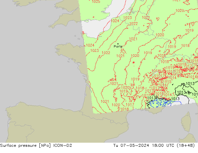 Presión superficial ICON-D2 mar 07.05.2024 18 UTC