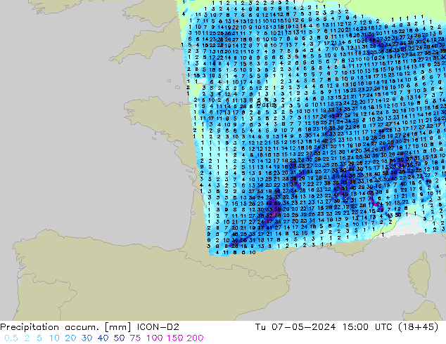 Precipitation accum. ICON-D2  07.05.2024 15 UTC