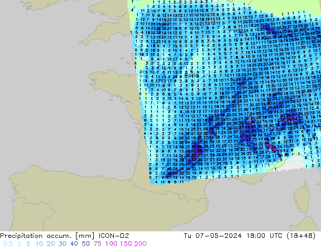 Precipitation accum. ICON-D2 Út 07.05.2024 18 UTC