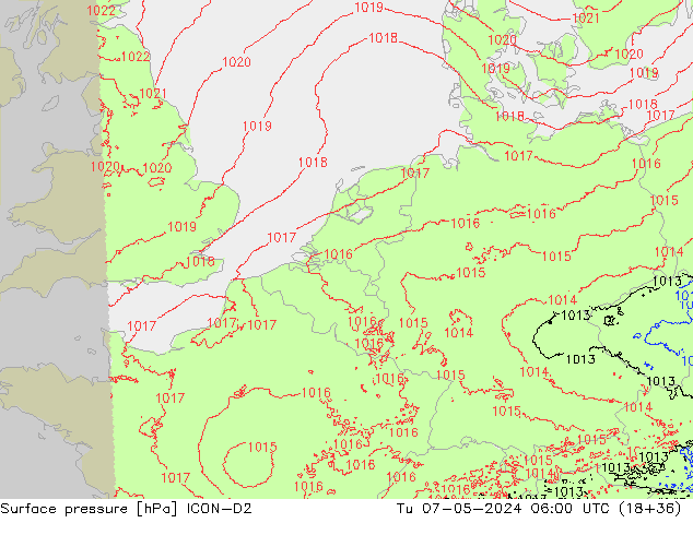 Pressione al suolo ICON-D2 mar 07.05.2024 06 UTC