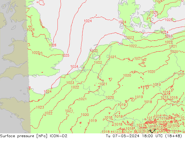 Surface pressure ICON-D2 Tu 07.05.2024 18 UTC