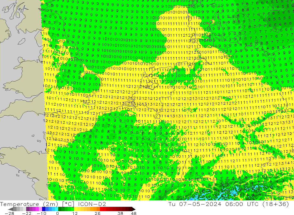 Temperatura (2m) ICON-D2 Ter 07.05.2024 06 UTC