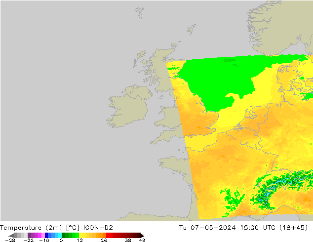Temperaturkarte (2m) ICON-D2 Di 07.05.2024 15 UTC