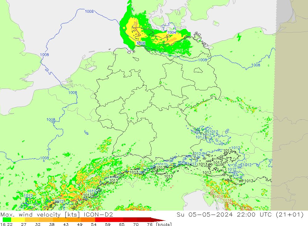 Max. wind velocity ICON-D2 Вс 05.05.2024 22 UTC