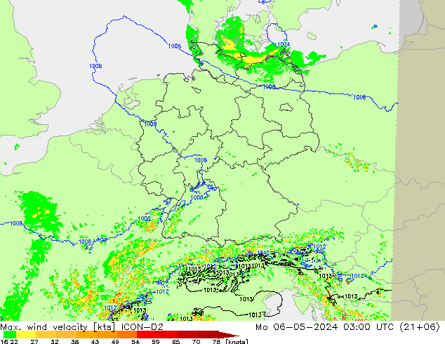 Max. wind velocity ICON-D2 lun 06.05.2024 03 UTC