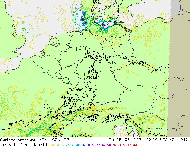 Isotachs (kph) ICON-D2 Su 05.05.2024 22 UTC