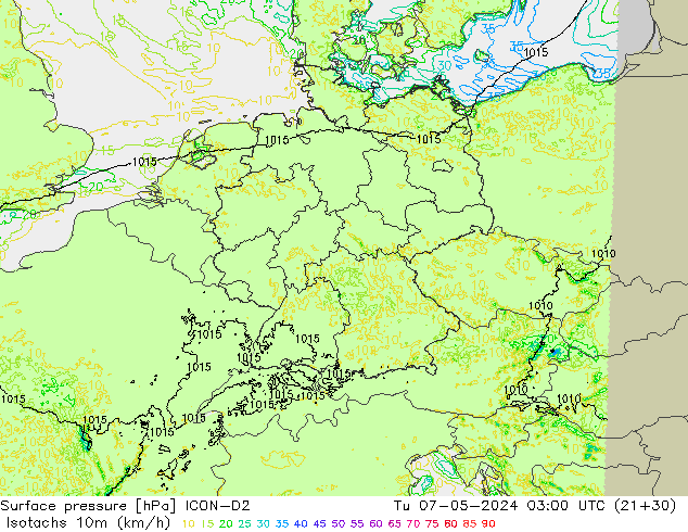 Isotachs (kph) ICON-D2 Tu 07.05.2024 03 UTC