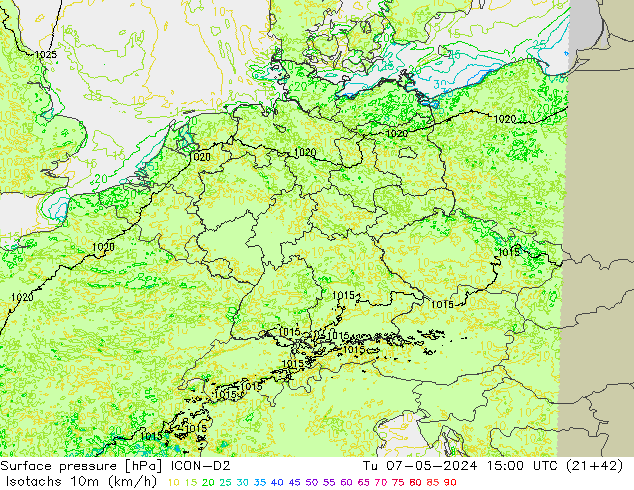 Isotachs (kph) ICON-D2 Út 07.05.2024 15 UTC