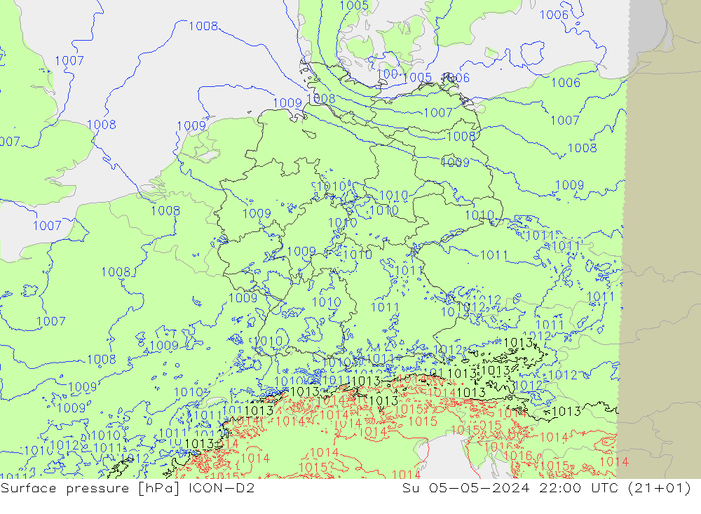 Luchtdruk (Grond) ICON-D2 zo 05.05.2024 22 UTC