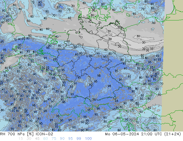 Humidité rel. 700 hPa ICON-D2 lun 06.05.2024 21 UTC