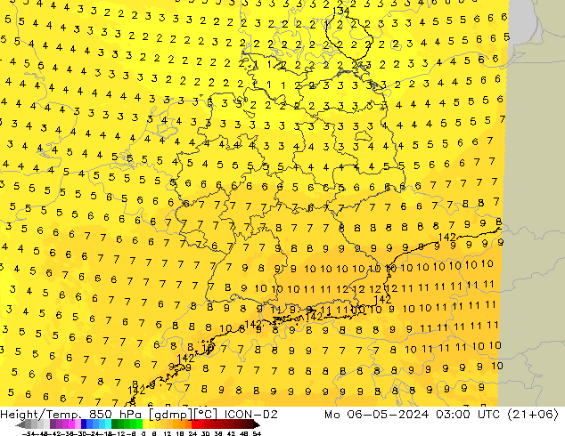 Height/Temp. 850 hPa ICON-D2 Mo 06.05.2024 03 UTC