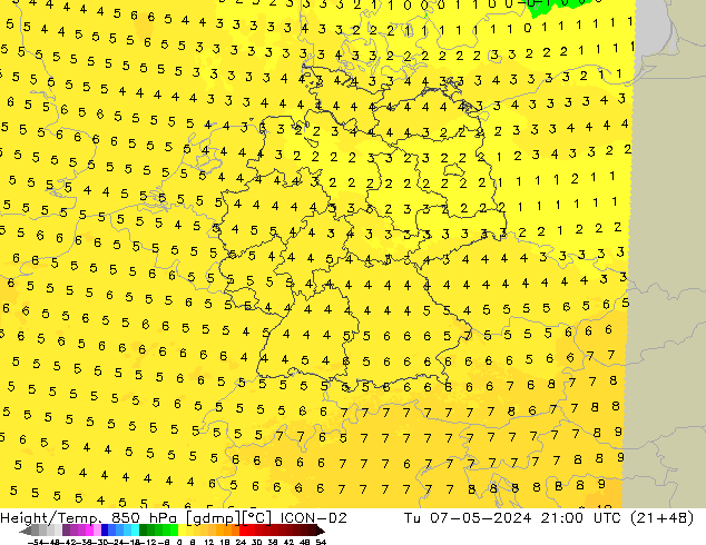 Height/Temp. 850 гПа ICON-D2 вт 07.05.2024 21 UTC