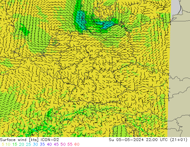 Wind 10 m ICON-D2 zo 05.05.2024 22 UTC