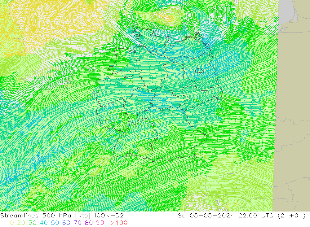 Rüzgar 500 hPa ICON-D2 Paz 05.05.2024 22 UTC