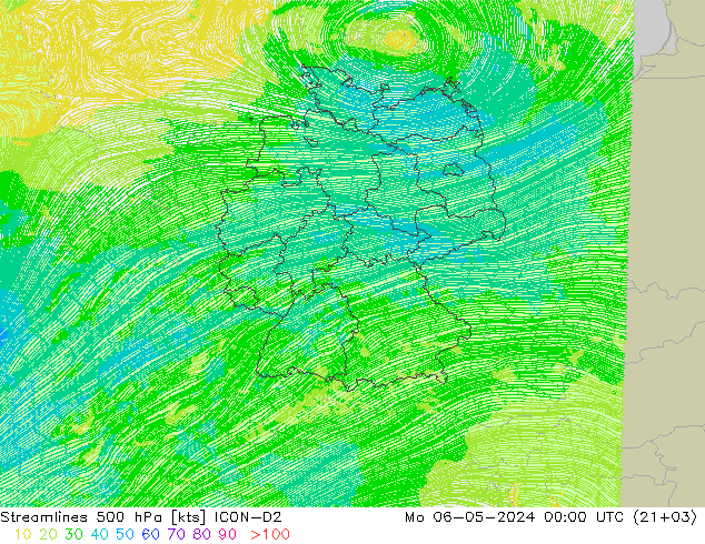 Línea de corriente 500 hPa ICON-D2 lun 06.05.2024 00 UTC