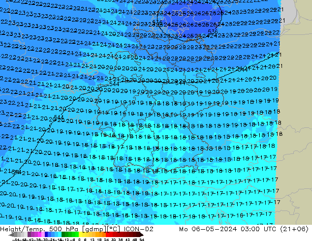 Height/Temp. 500 hPa ICON-D2 星期一 06.05.2024 03 UTC