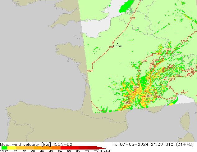 Max. wind velocity ICON-D2 Tu 07.05.2024 21 UTC