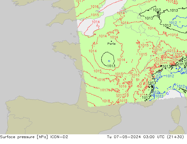 Presión superficial ICON-D2 mar 07.05.2024 03 UTC