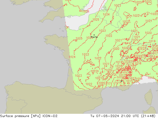 Luchtdruk (Grond) ICON-D2 di 07.05.2024 21 UTC