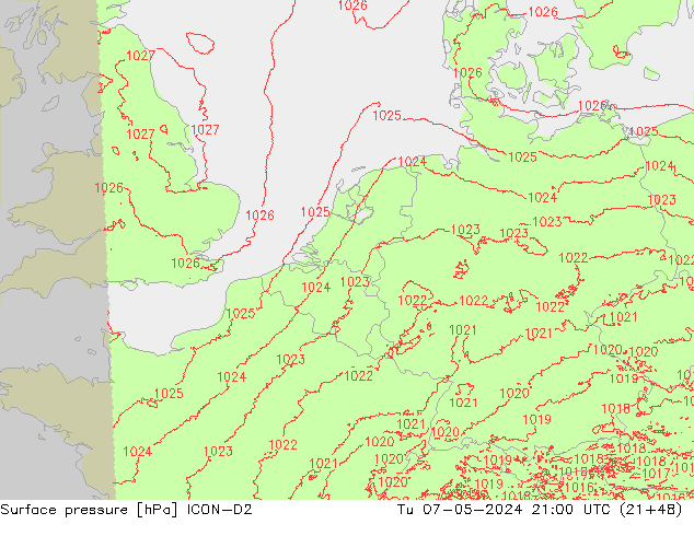 Surface pressure ICON-D2 Tu 07.05.2024 21 UTC