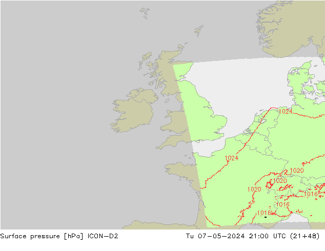 Surface pressure ICON-D2 Tu 07.05.2024 21 UTC