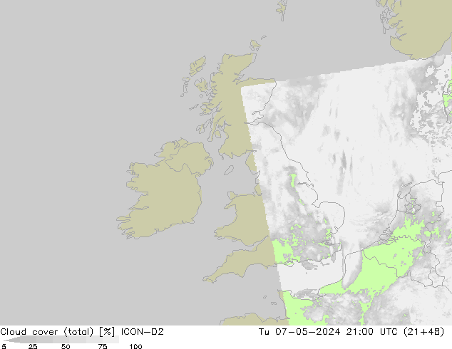 Cloud cover (total) ICON-D2 Tu 07.05.2024 21 UTC