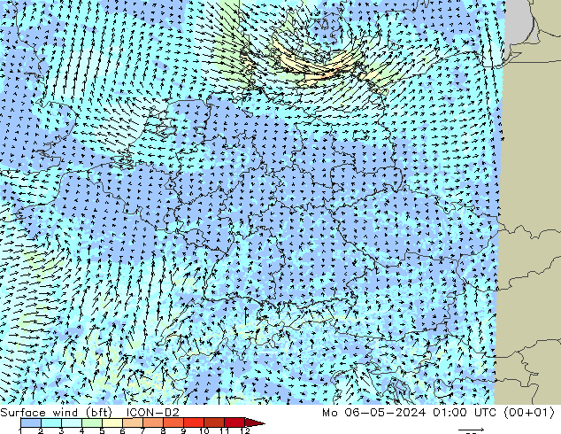 Viento 10 m (bft) ICON-D2 lun 06.05.2024 01 UTC