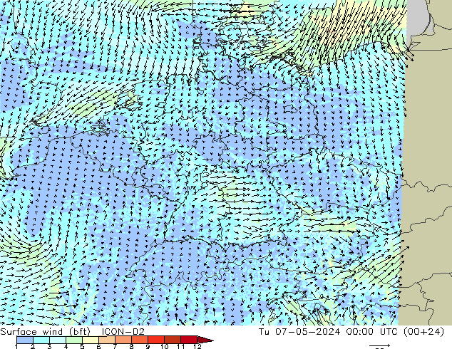 Surface wind (bft) ICON-D2 Tu 07.05.2024 00 UTC