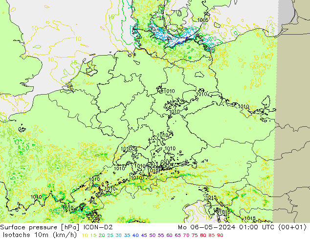 Isotachen (km/h) ICON-D2 ma 06.05.2024 01 UTC