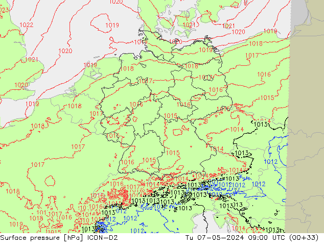 Surface pressure ICON-D2 Tu 07.05.2024 09 UTC