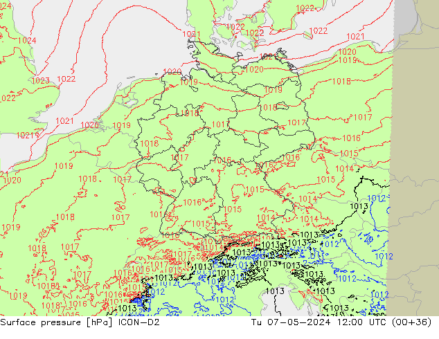 Atmosférický tlak ICON-D2 Út 07.05.2024 12 UTC