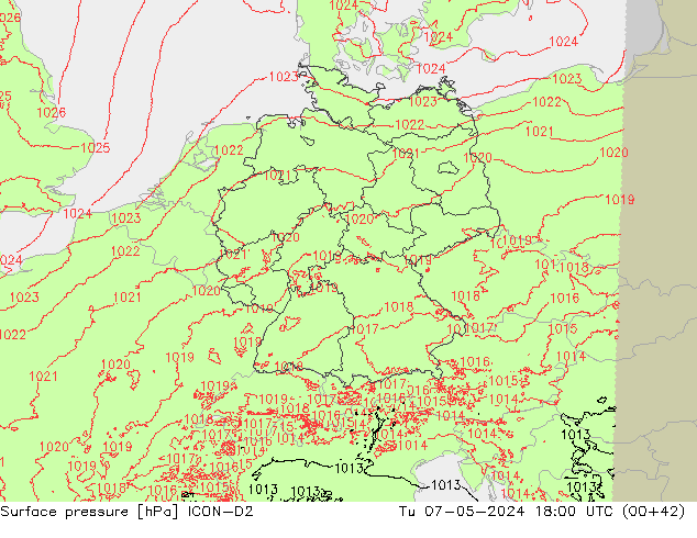 Atmosférický tlak ICON-D2 Út 07.05.2024 18 UTC