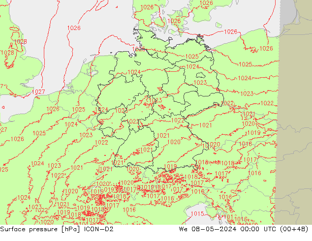 Atmosférický tlak ICON-D2 St 08.05.2024 00 UTC