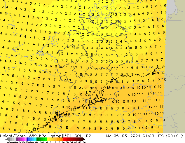 Height/Temp. 850 hPa ICON-D2 Mo 06.05.2024 01 UTC