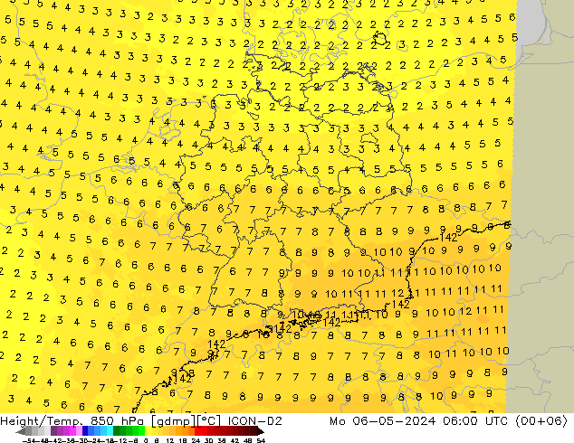 Height/Temp. 850 hPa ICON-D2  06.05.2024 06 UTC