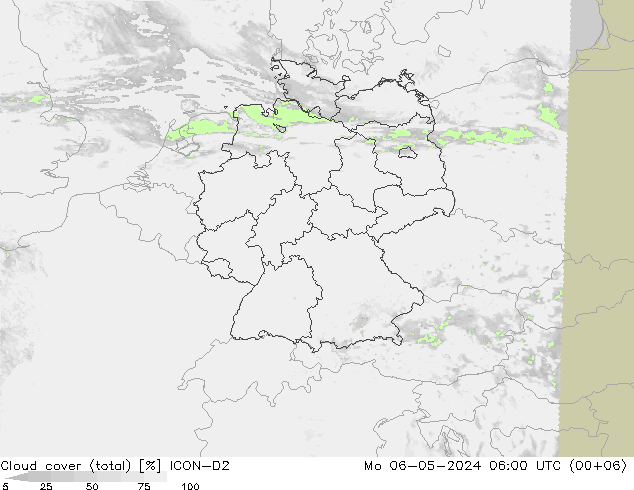 Cloud cover (total) ICON-D2 Mo 06.05.2024 06 UTC