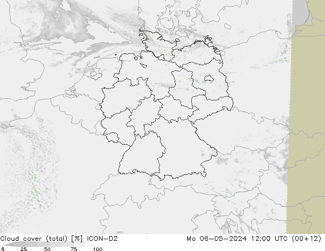 Cloud cover (total) ICON-D2 Po 06.05.2024 12 UTC
